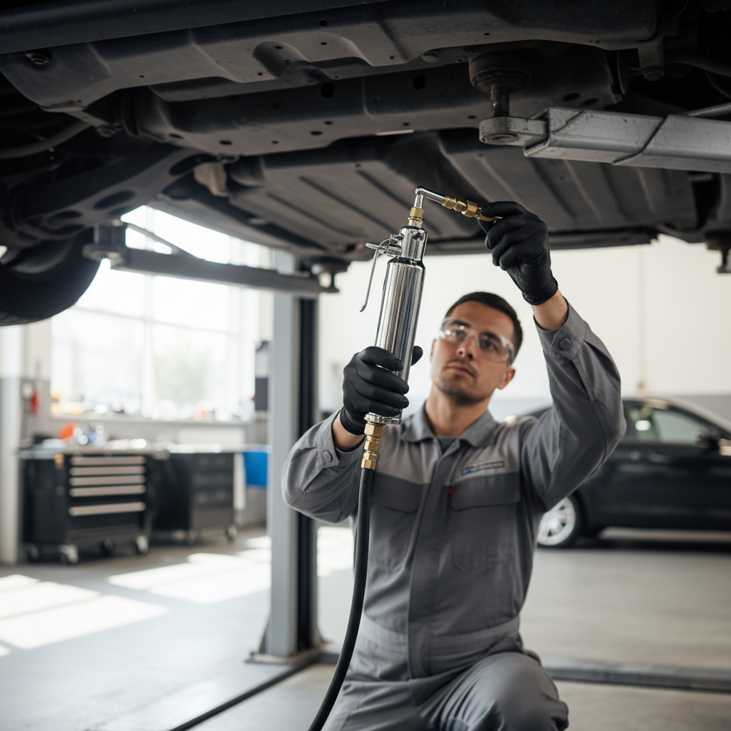 Mechanic using a grease gun on an automotive suspension zerk fitting