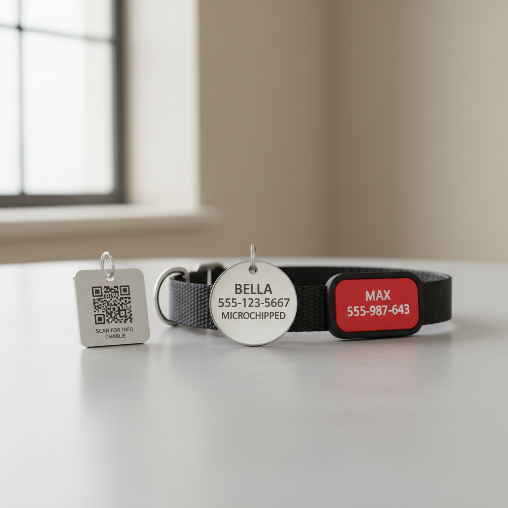 Personalized dog ID tag options on a table: stainless steel, silicone, and QR tag
