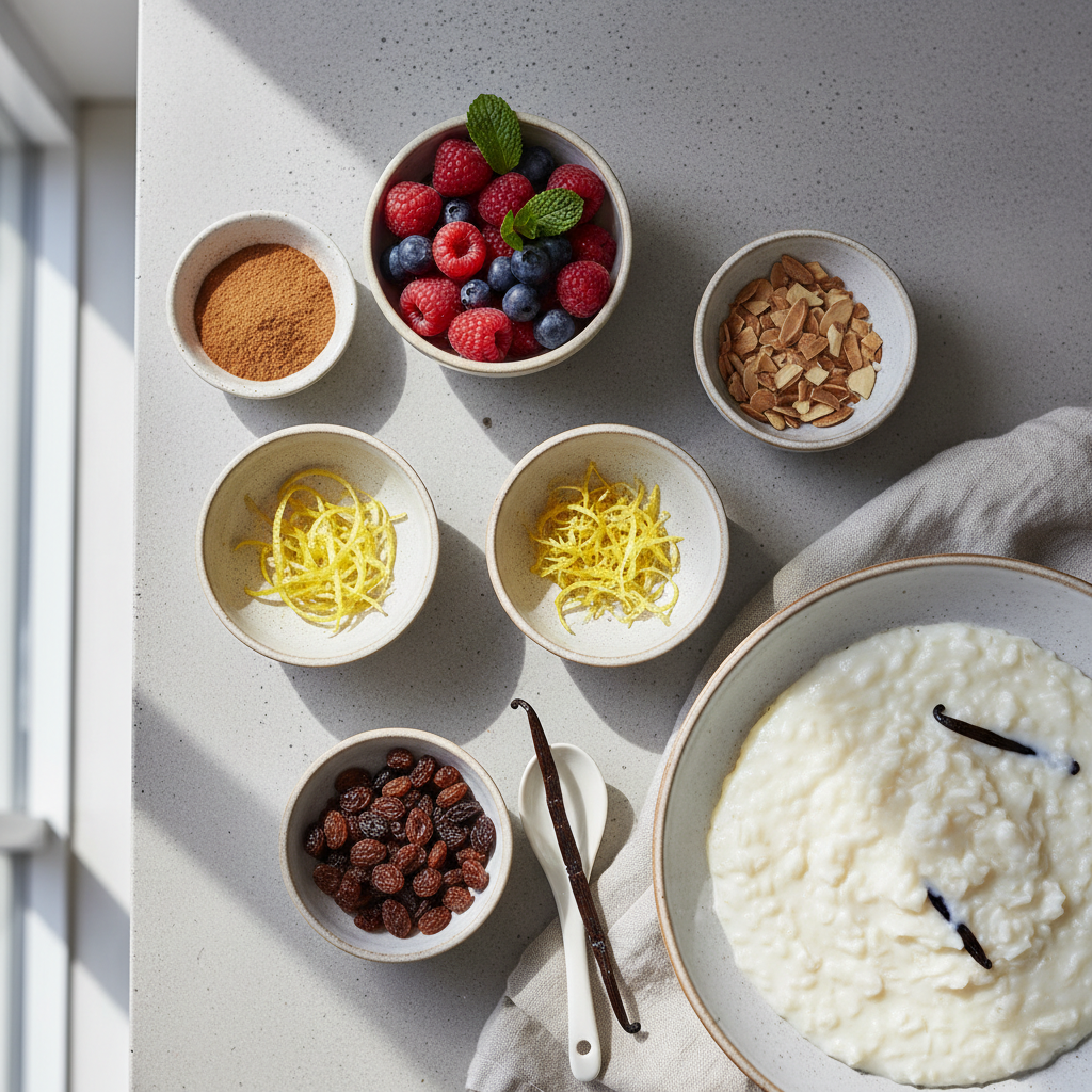 Rice pudding toppings idea board with cinnamon, berries, nuts, and lemon zest