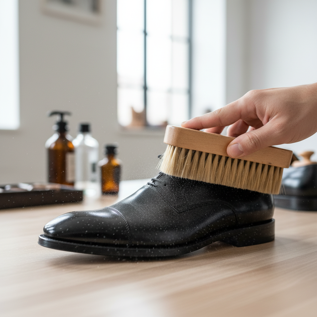 Close-up of leather shoe being brushed to remove dust before polishing