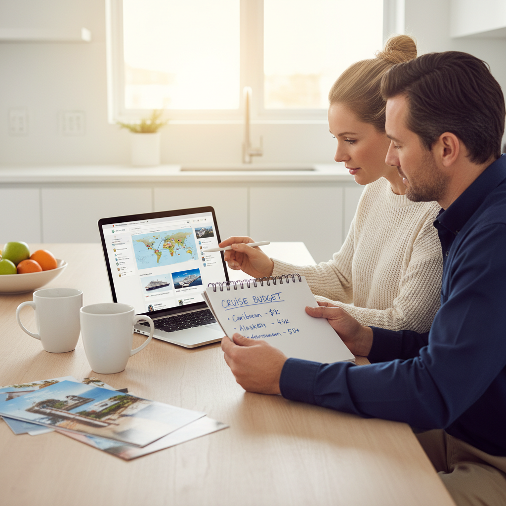 Couple comparing cruise lines and itineraries on a laptop at home