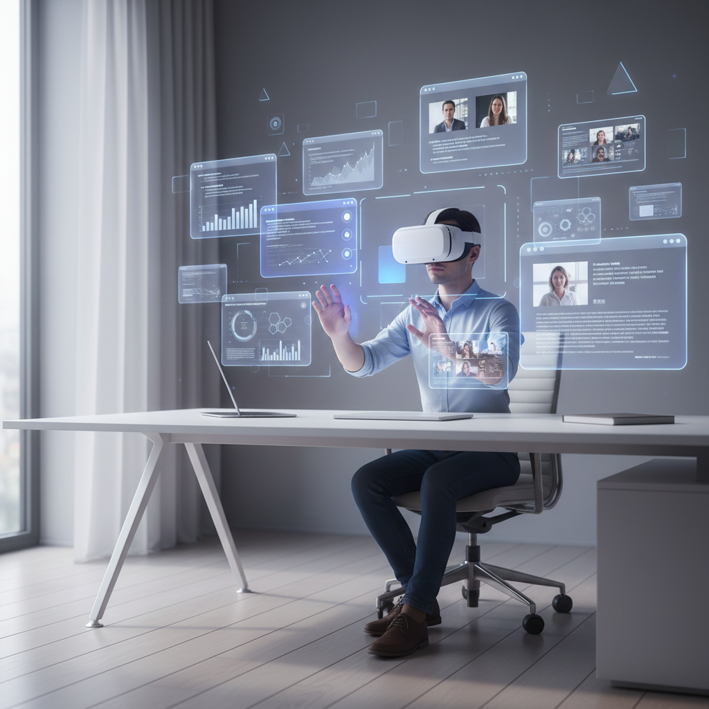 Person using a VR headset with multiple floating browser windows in a virtual workspace