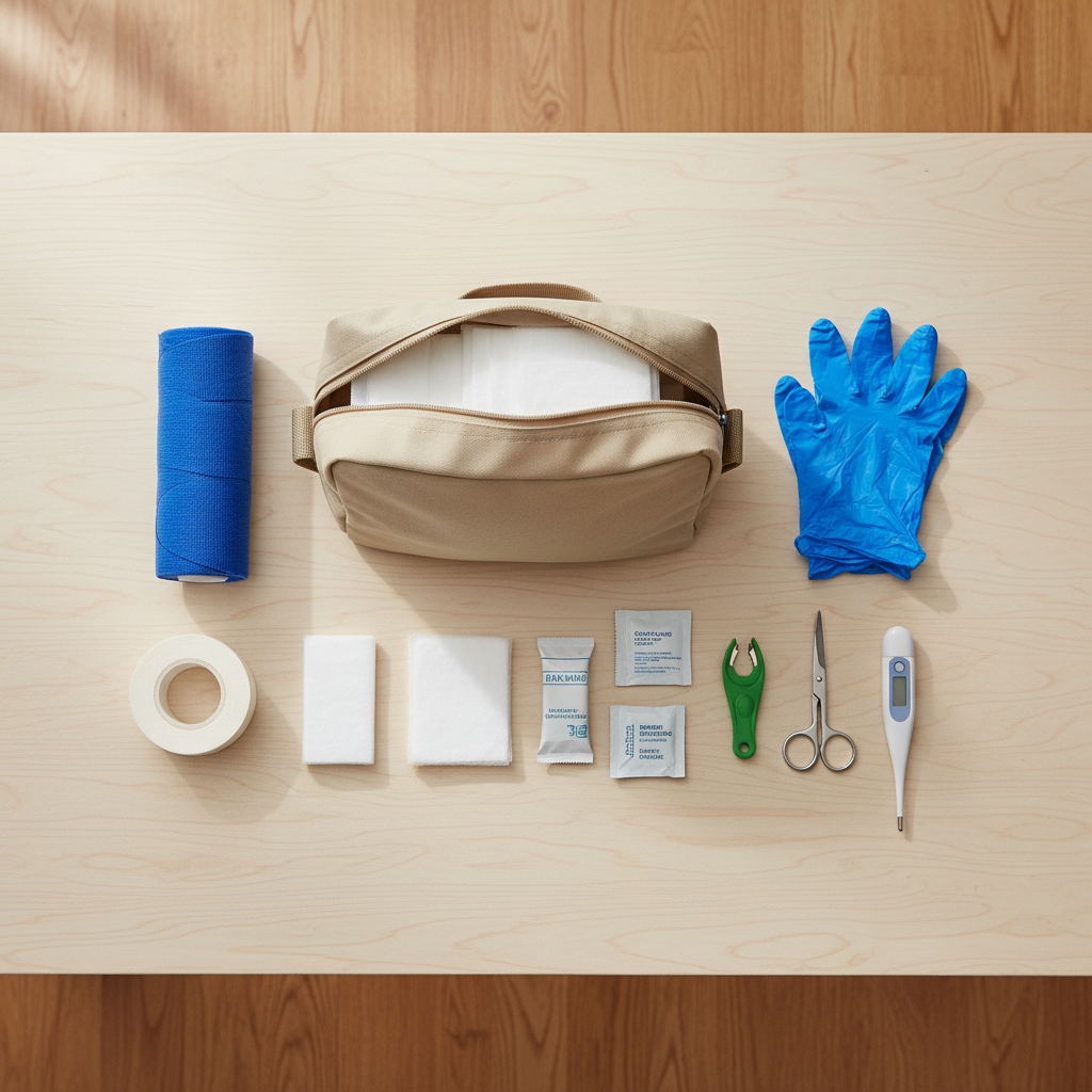 Pet first aid kit laid out with gauze, vet wrap, gloves, and tick tool