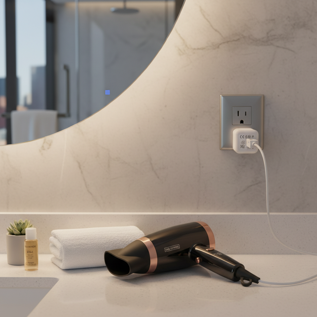 Travel hair dryer and universal adapter plugged into a wall outlet in a hotel bathroom
