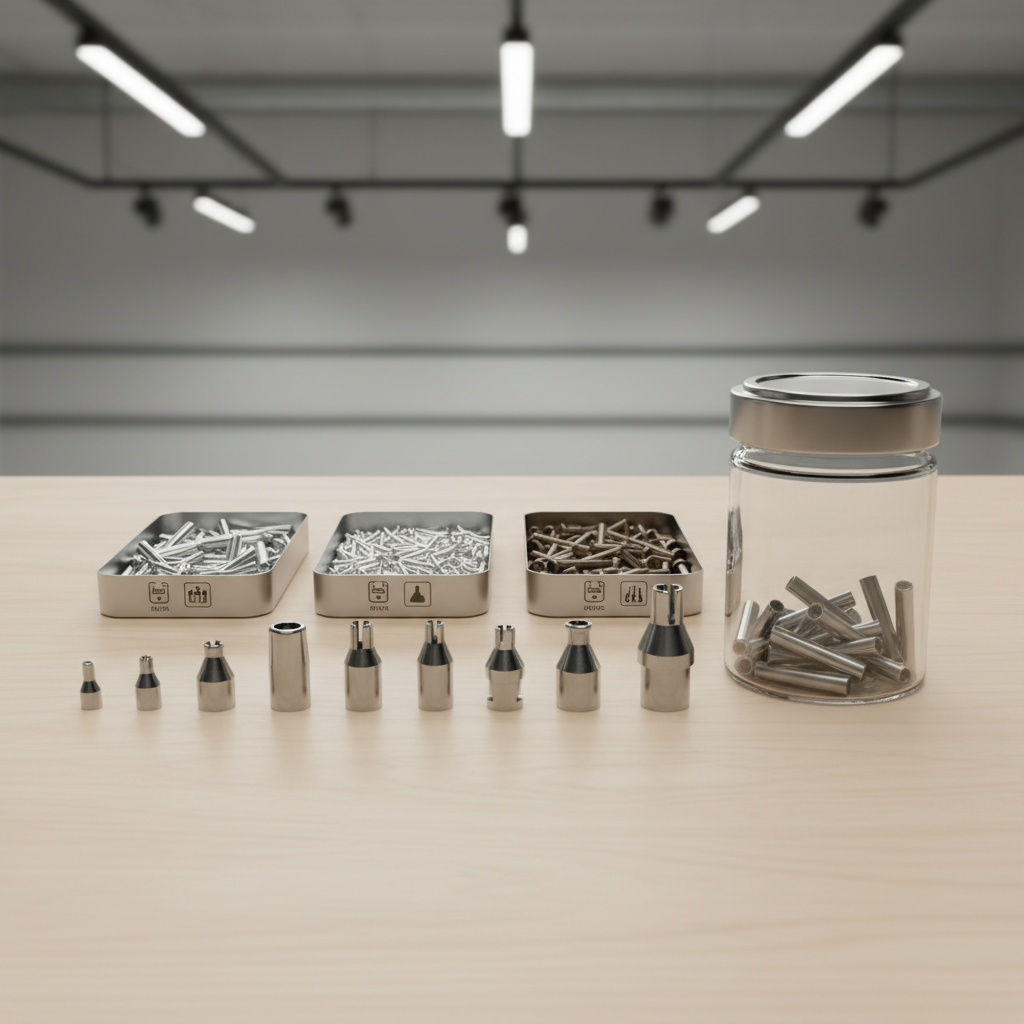 Rivet gun accessories: nosepieces, mandrels, and rivet assortment on a workbench
