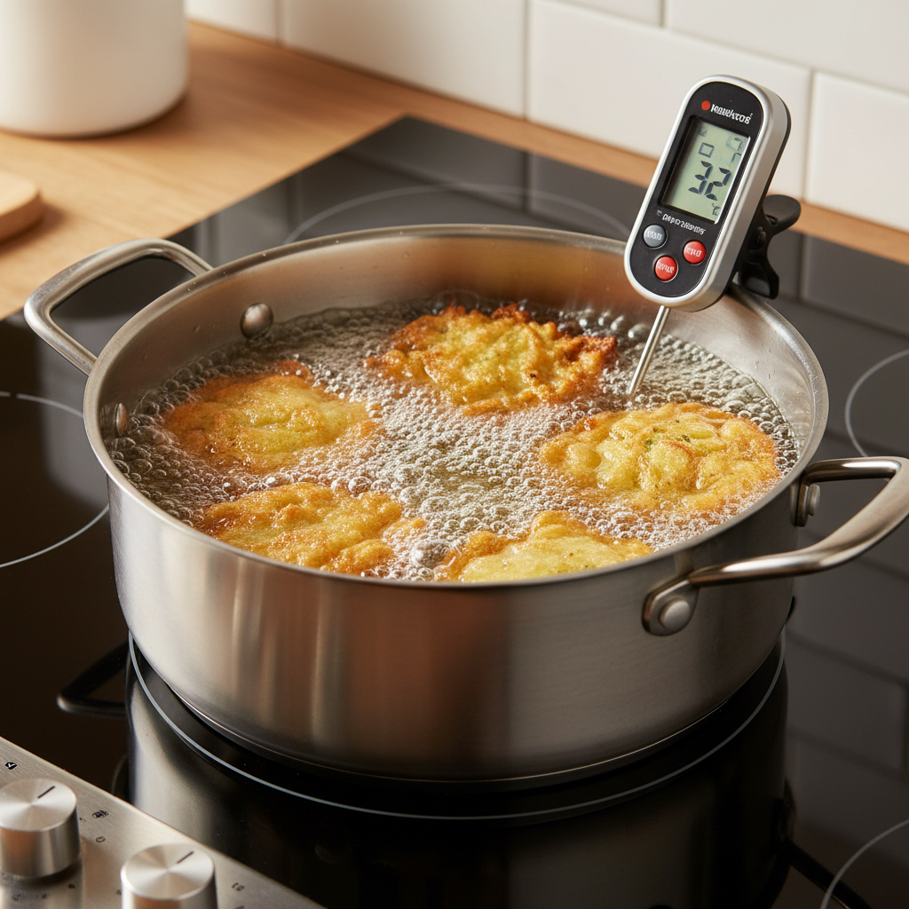 Potato pakora frying in hot oil with thermometer for temperature control