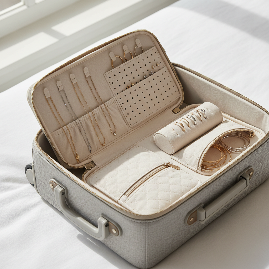 Travel jewelry organizer keeping necklaces and earrings separated in a carry-on