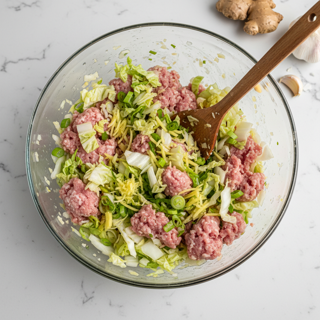 Gyoza filling mixture in a bowl with cabbage and pork