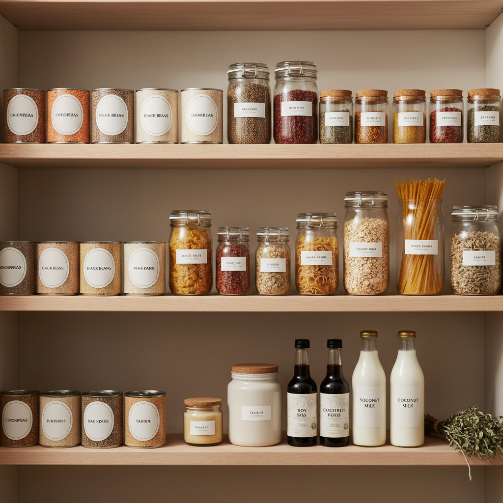 Vegan pantry staples arranged neatly for beginner cooking