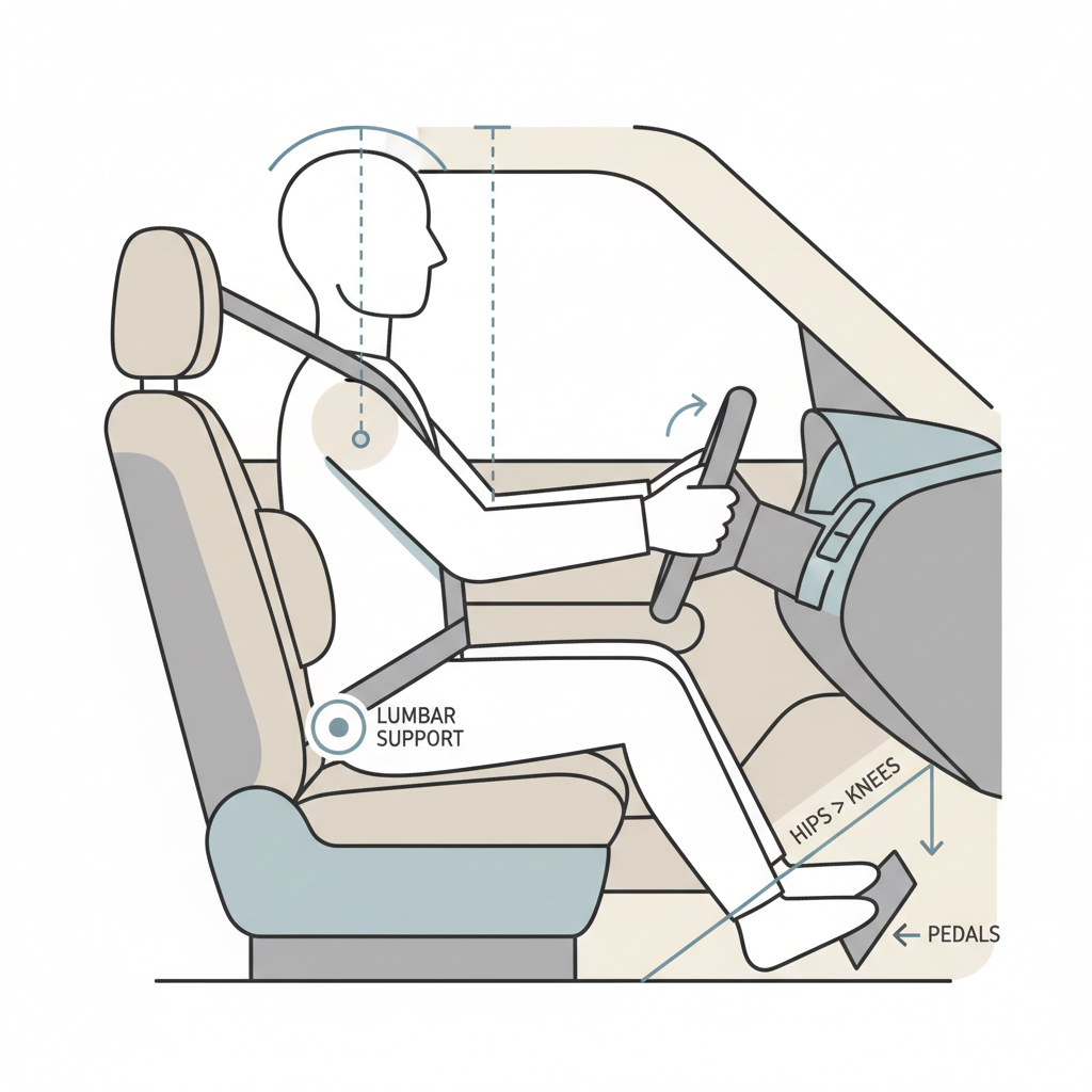 Diagram-style view of ideal driving posture to prevent lower back pain in car