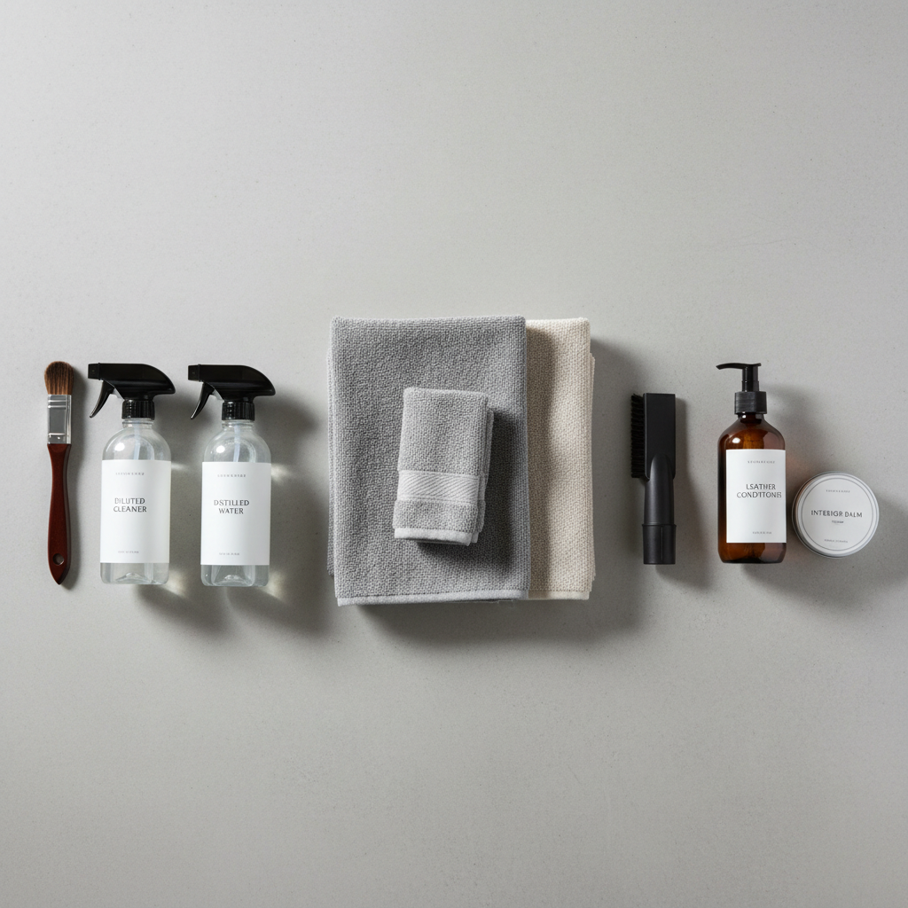 Interior cleaning supplies laid out for car stain removal