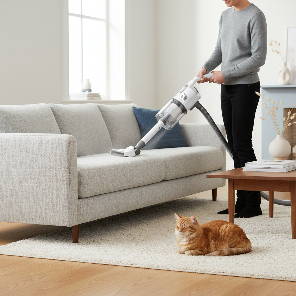 Vacuuming couch with HEPA vacuum to remove cat dander