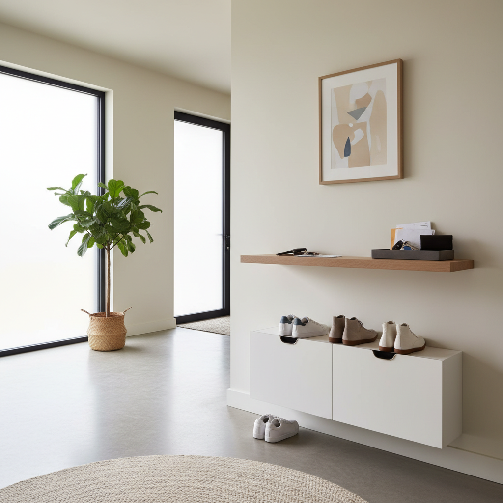 Entryway zone layout showing drop zone, shoe storage, and clear walkway