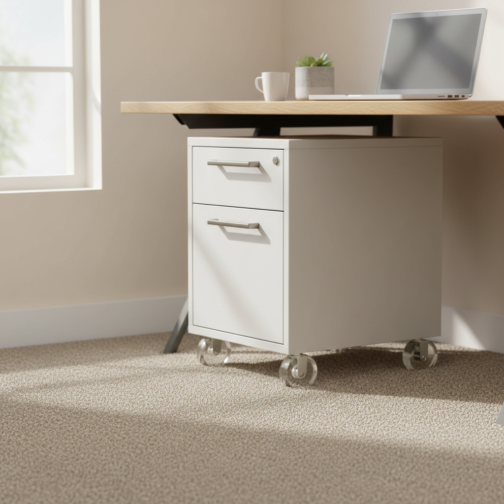 Rolling file cabinet under desk on carpet with large casters in a home office