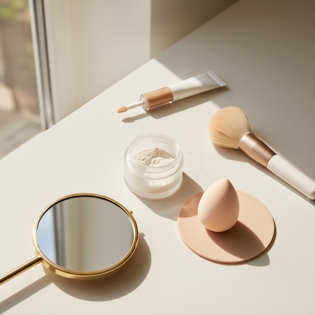 Beginner-friendly makeup baking setup with loose powder and sponge