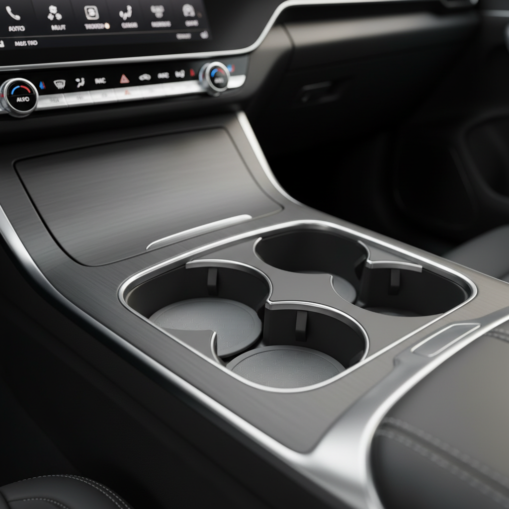 Car center console with cup holder coasters installed for spill protection