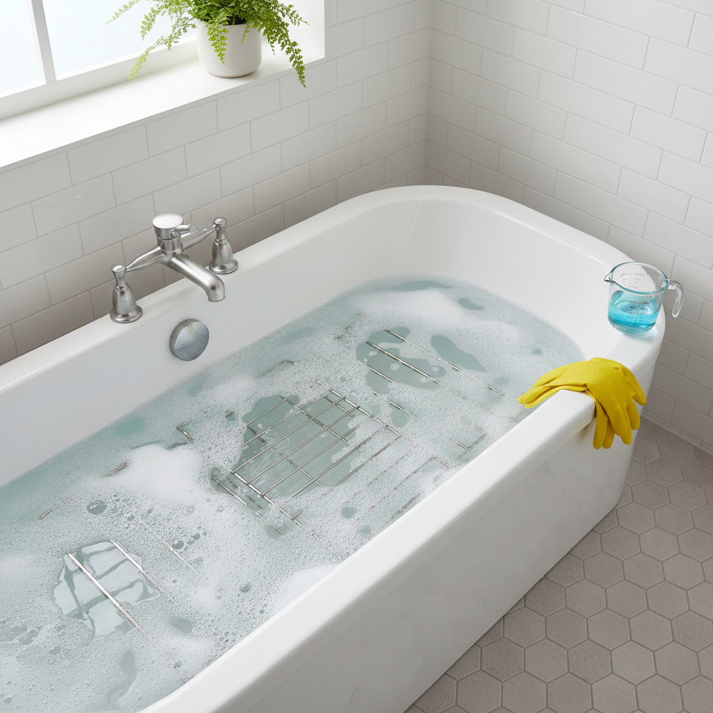 Oven racks soaking in a bathtub with hot water and cleaning solution