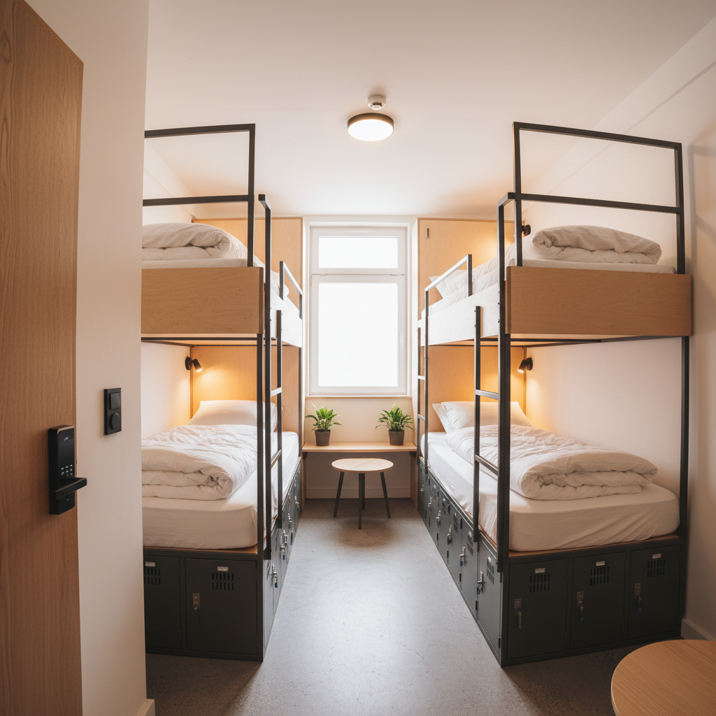 Hostel dorm room with secure lockers and keycard access