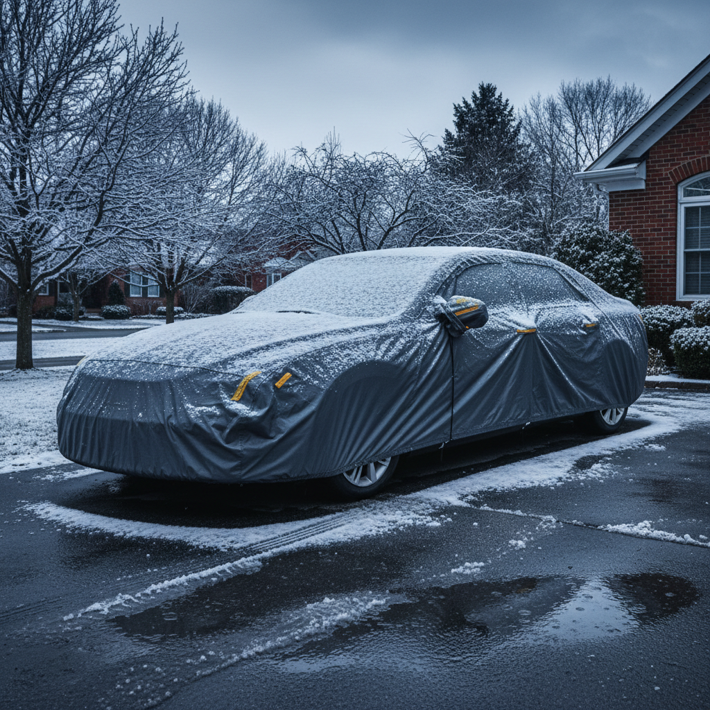 Car covered outdoors during heavy snow and rain, winter protection concept