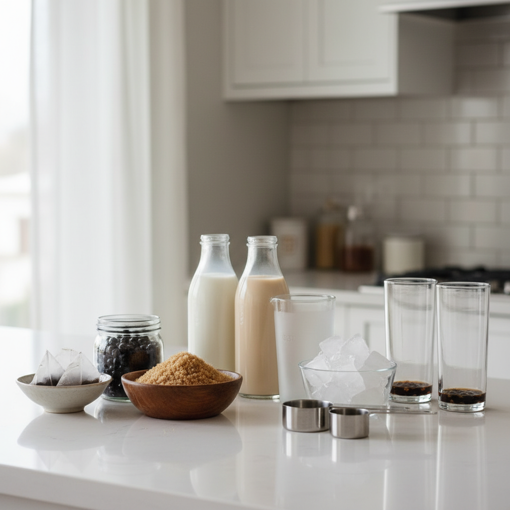 Easy homemade boba milk tea ingredients on a kitchen counter