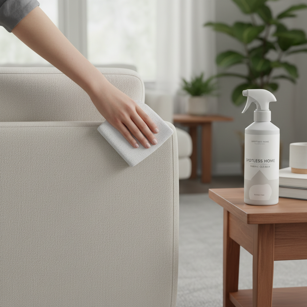 Spot testing cleaner on an inconspicuous area of upholstered furniture after wax removal