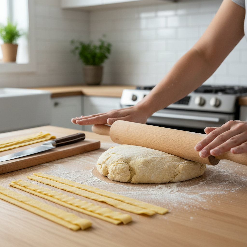 Rolling and cutting fresh homemade noodles on a floured countertop