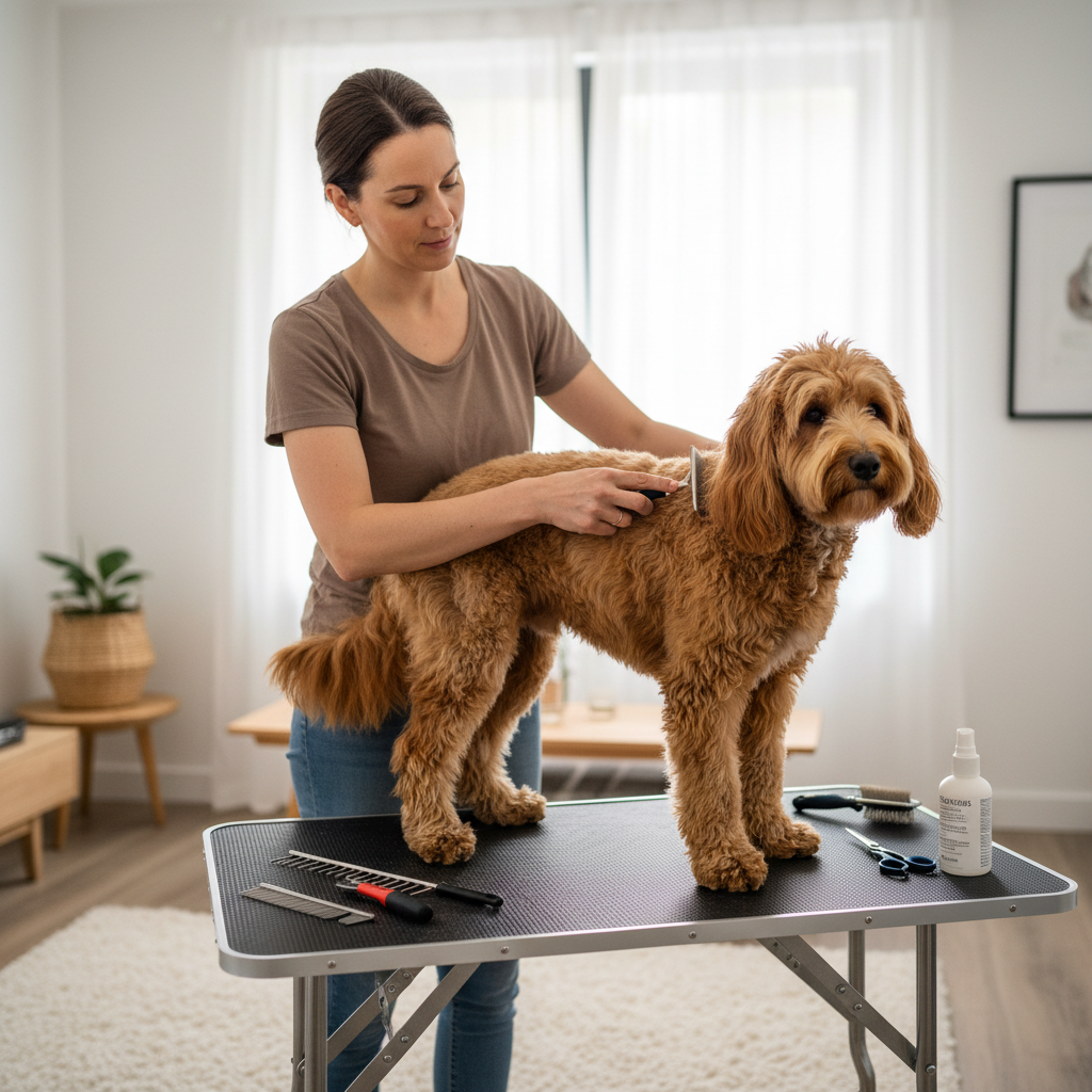 Pet owner gently grooming a dog with a slicker brush at home