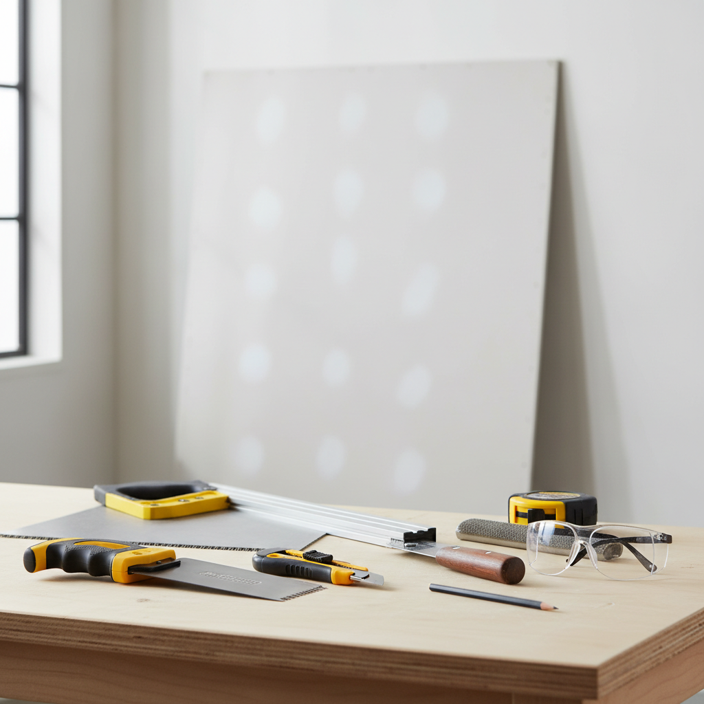 Hand saw and drywall tools laid out for cutting drywall cleanly