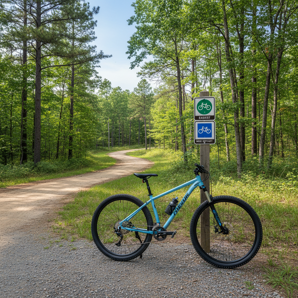 Trail difficulty signs and a beginner-friendly mountain bike on a flow trail