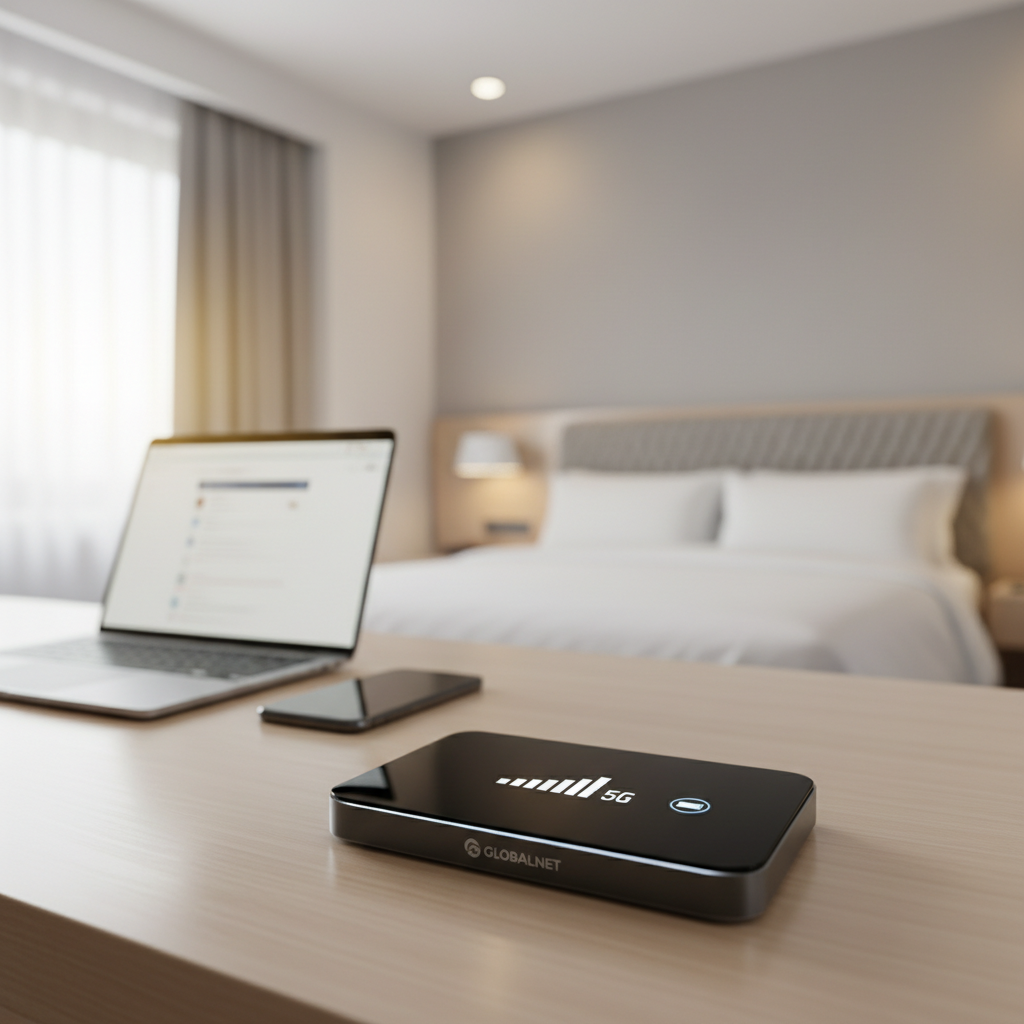Portable WiFi hotspot screen showing signal bars and WiFi settings in a hotel room