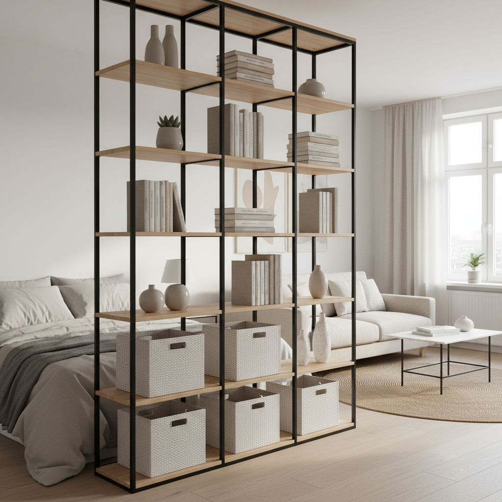 Open shelving room divider in a studio apartment with organized baskets and decor