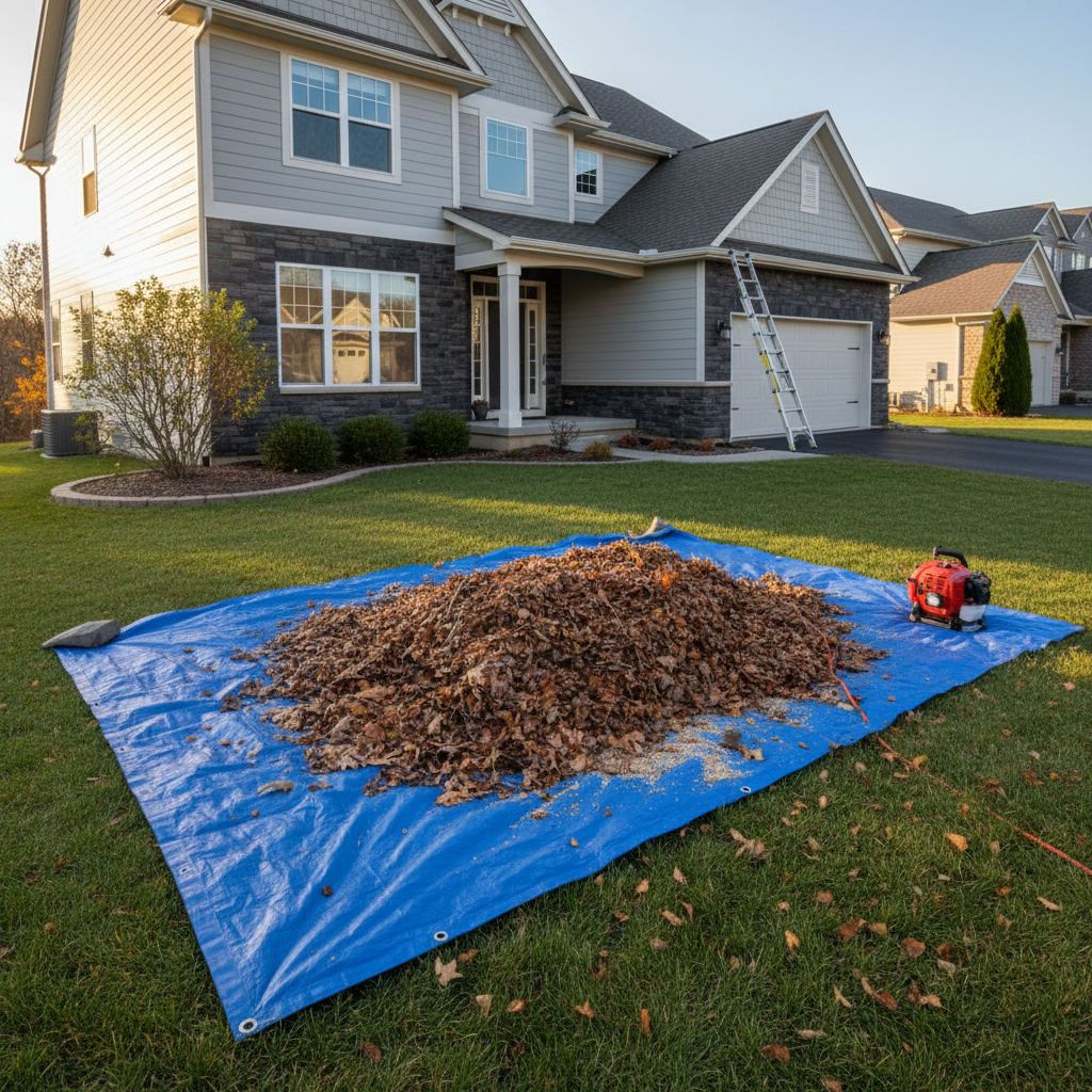 Debris blown onto tarp from cleaned gutters for easy cleanup