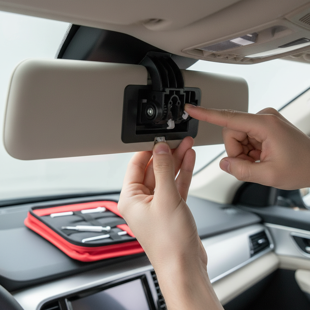 Hands inspecting sun visor hinge and retaining clip in car