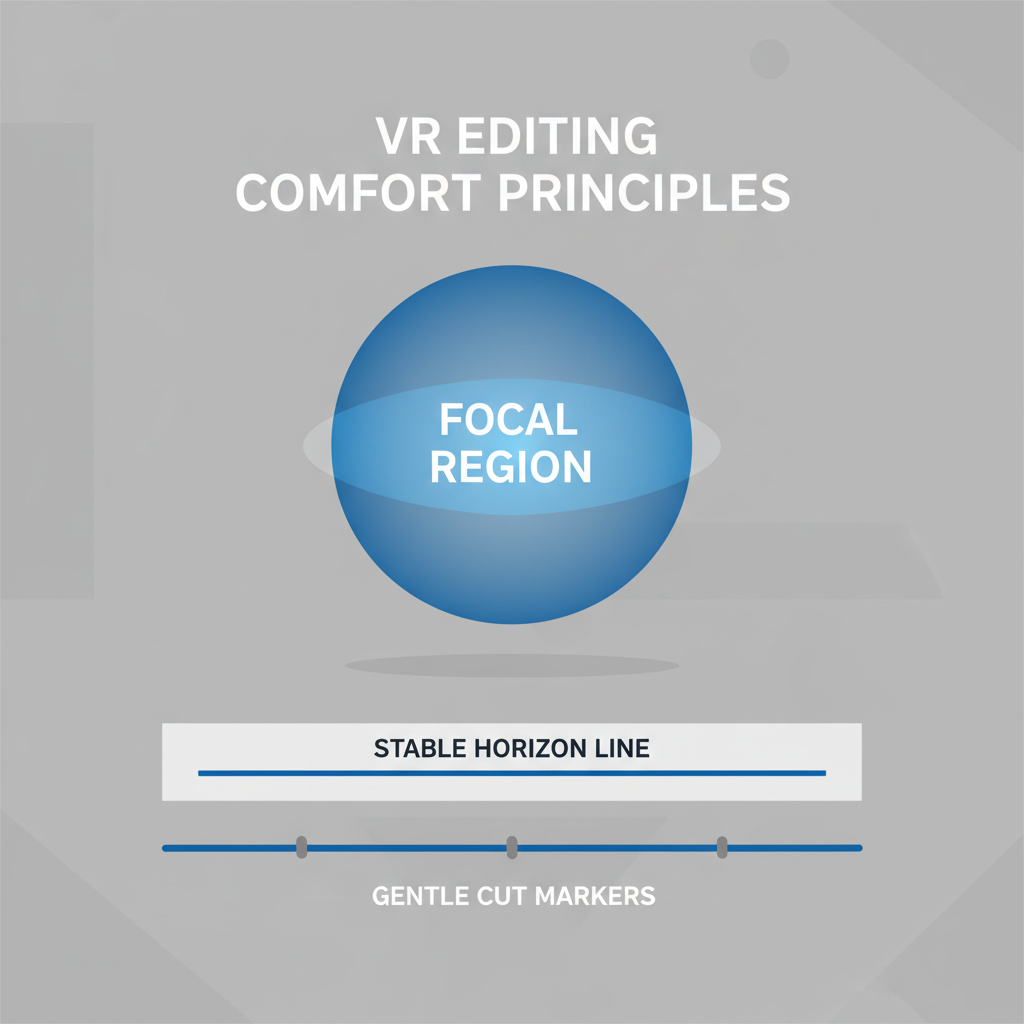 Comfort-focused VR editing: gentle cuts, stable horizon, clear focal area