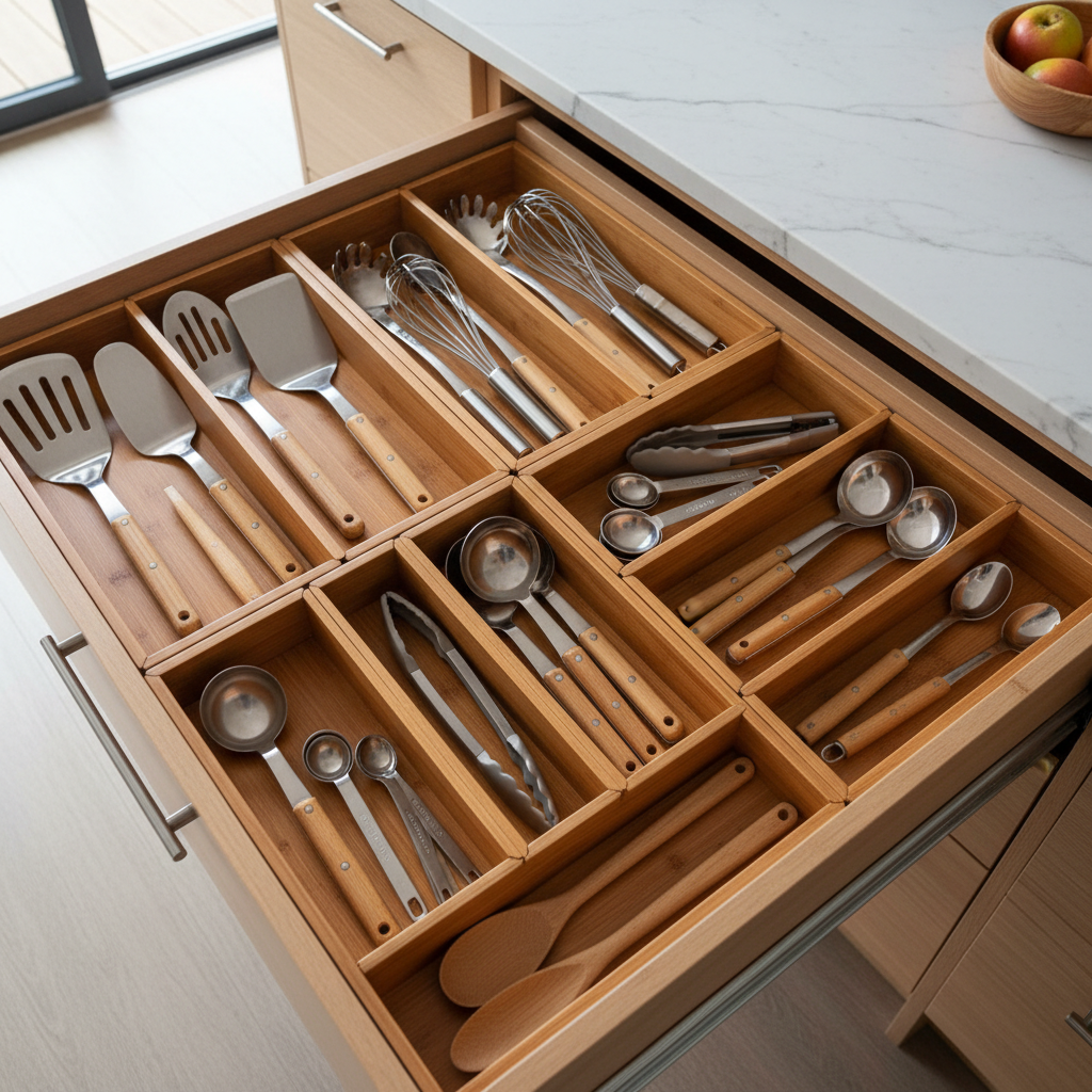 Organized kitchen utensil drawer with adjustable tray and dividers