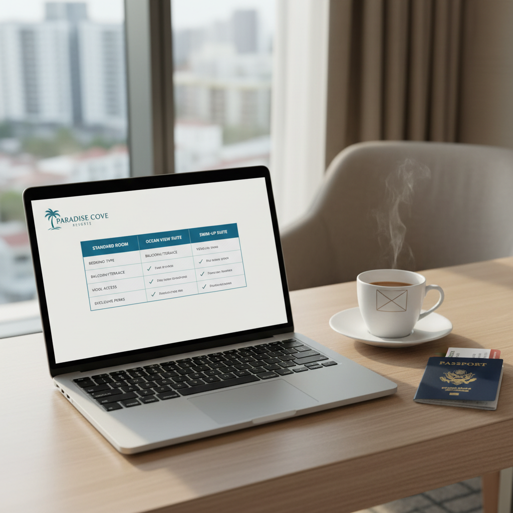 All-inclusive resort room options comparison on a laptop screen