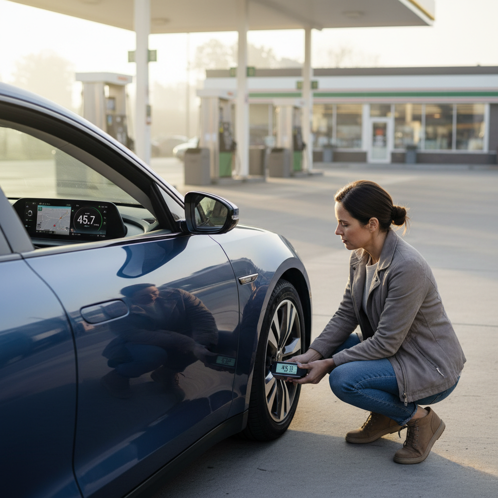 Driver checking tire pressure and trip MPG on dashboard for better fuel economy