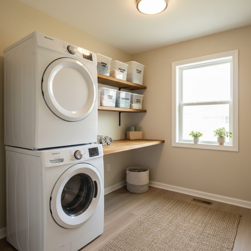 Small budget-friendly laundry room with wall shelves and labeled bins