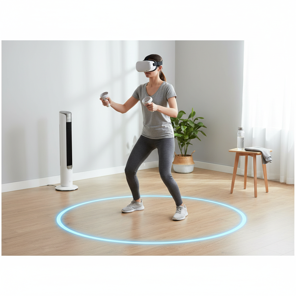 VR fitness safety setup with fan, water bottle, and clear guardian boundary