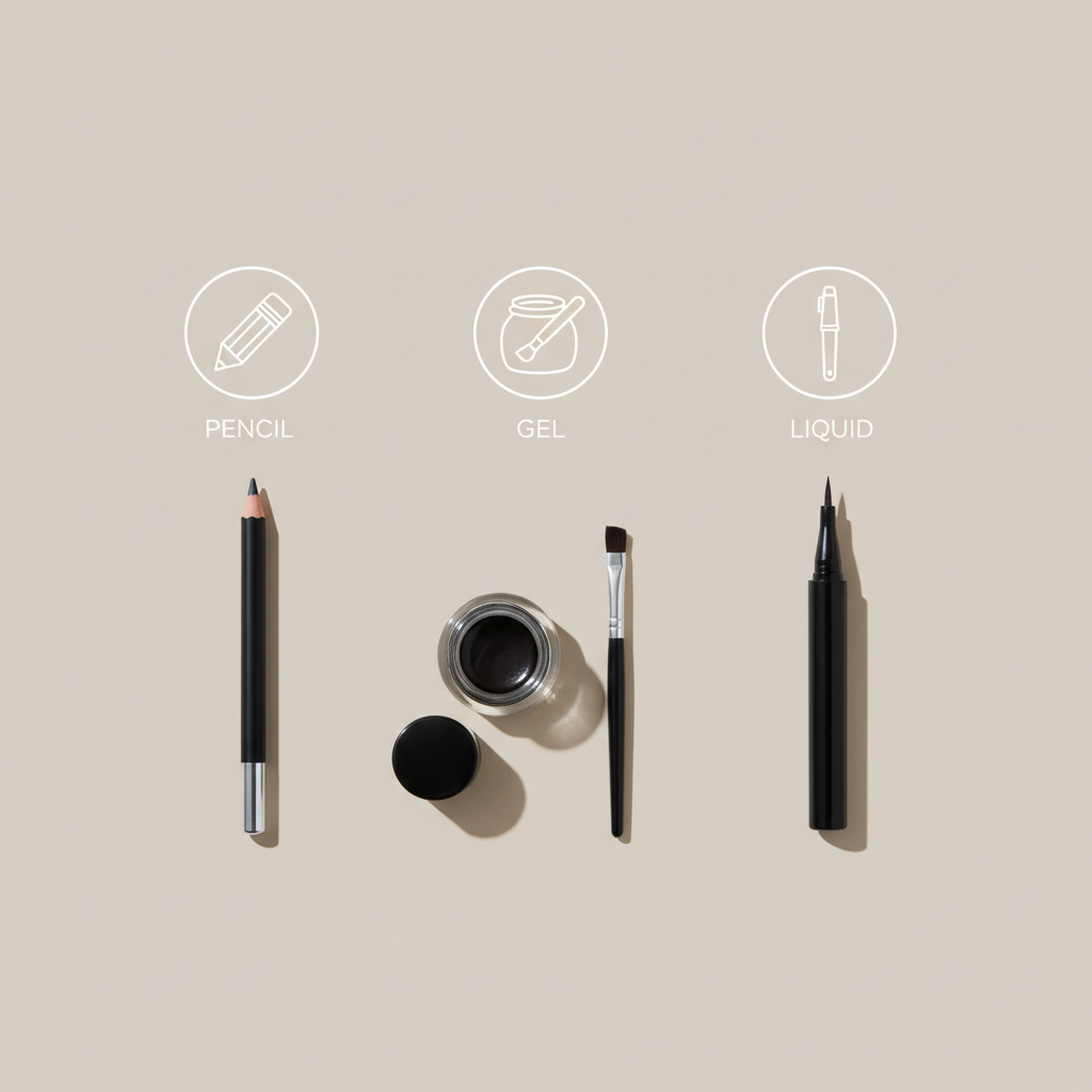 Comparison of eyeliner pencil gel and liquid options for waterline use