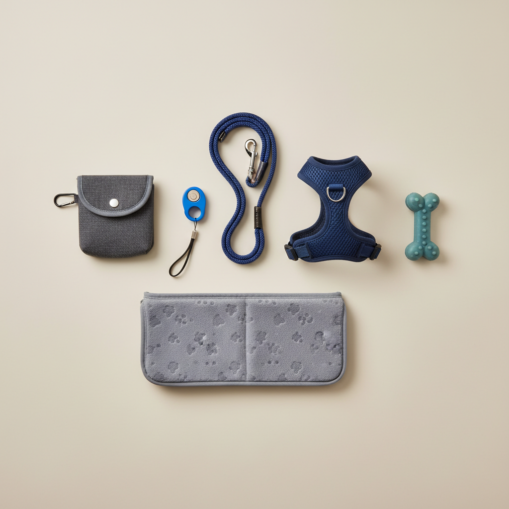 Simple puppy training setup with treat pouch, clicker, leash, and mat