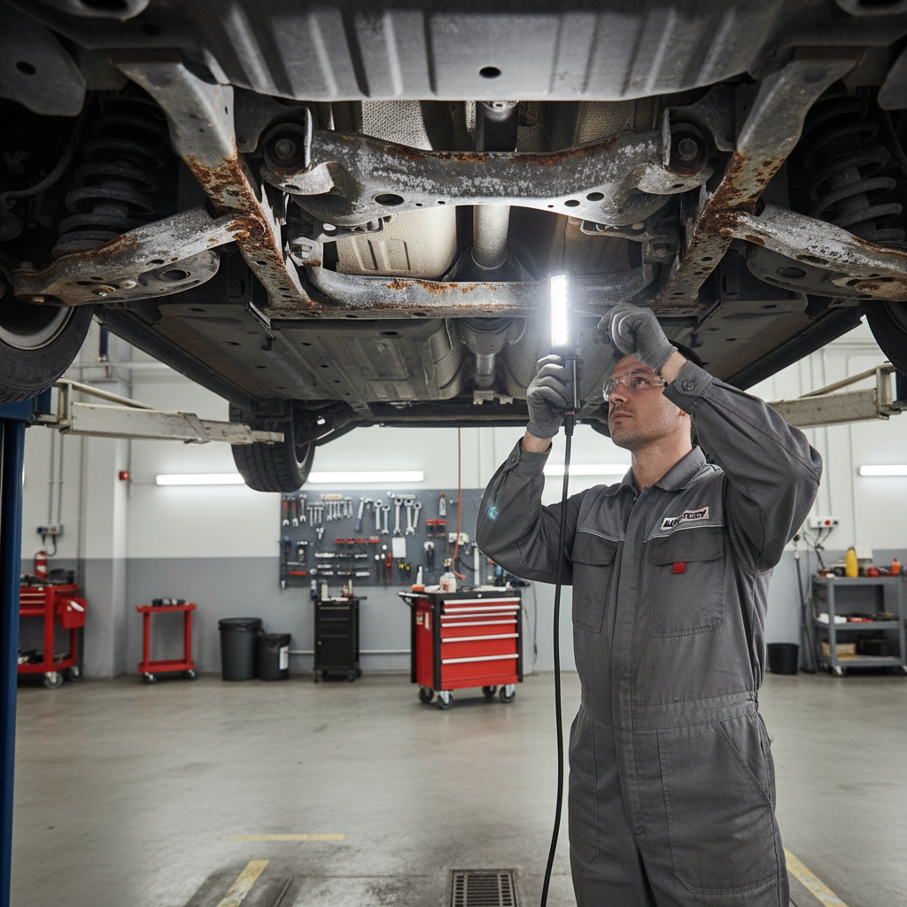 Vehicle underside inspection for rust before applying undercoating spray