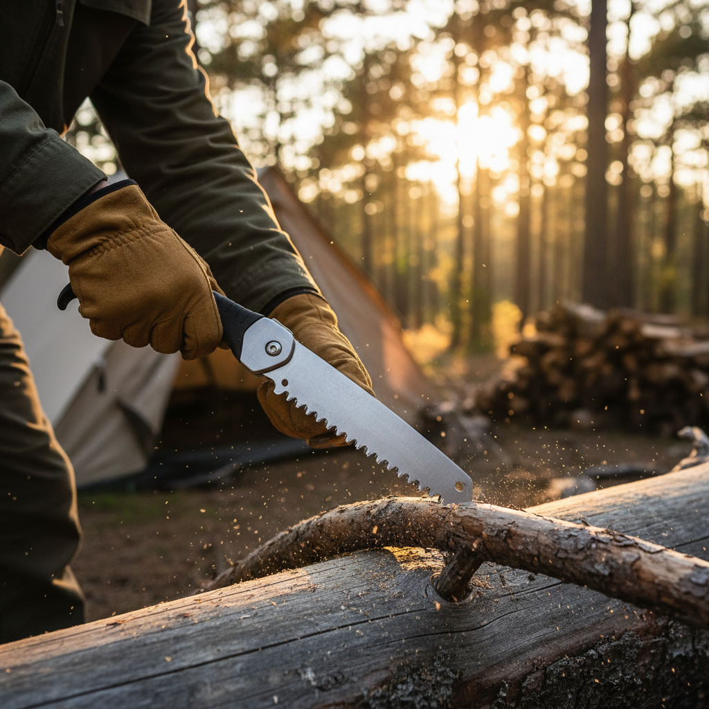 Folding saw cutting deadwood at a campsite