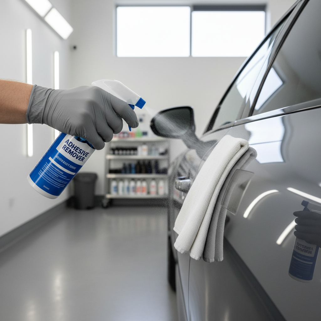 Applying adhesive remover with microfiber towel on car paint after decal removal
