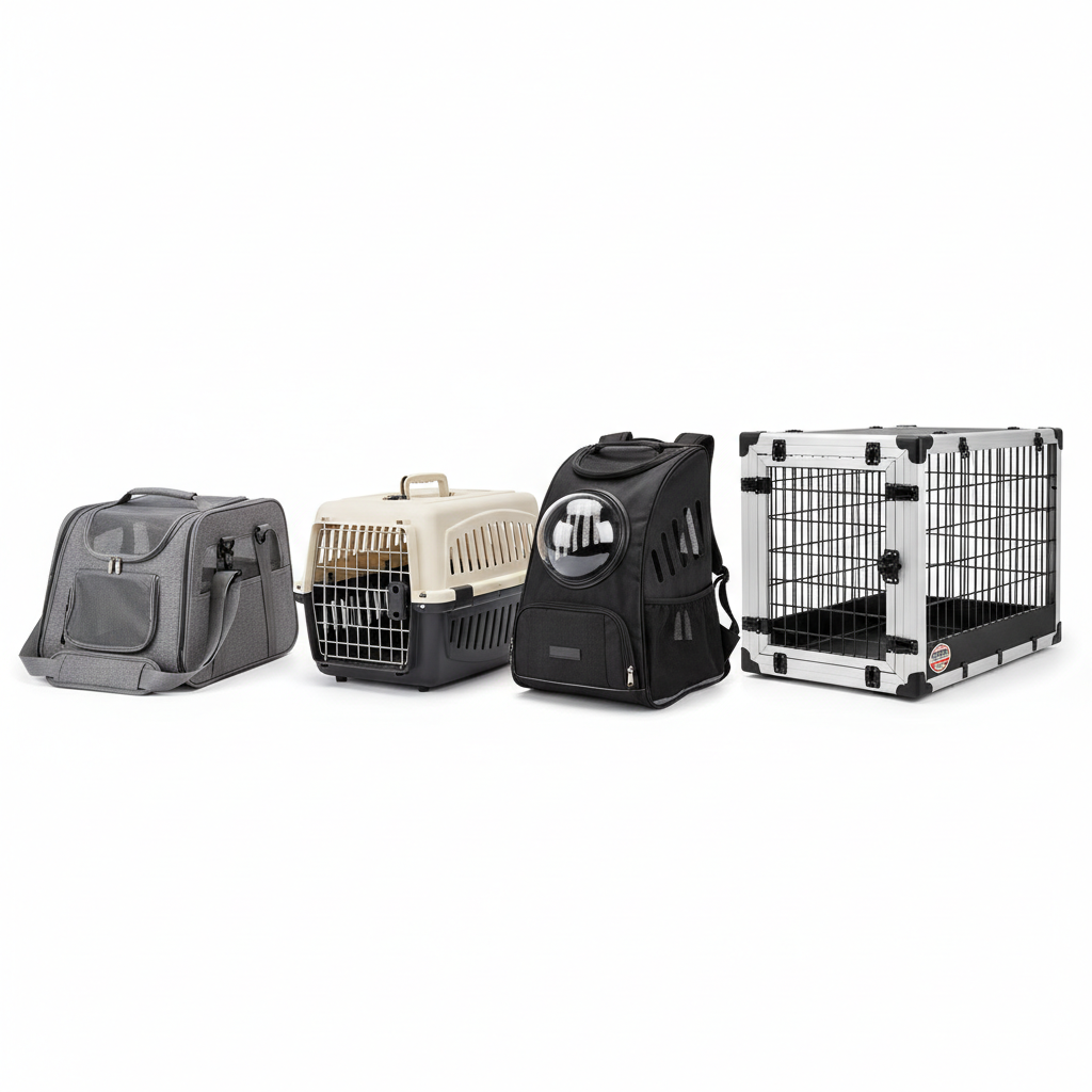 Comparison of cat carrier types including soft-sided, hard-sided, backpack, and crash-tested crate
