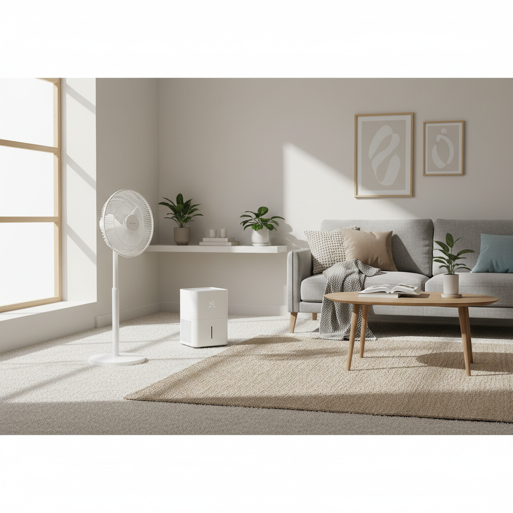 Using a floor fan and dehumidifier to dry carpet after natural odor treatment
