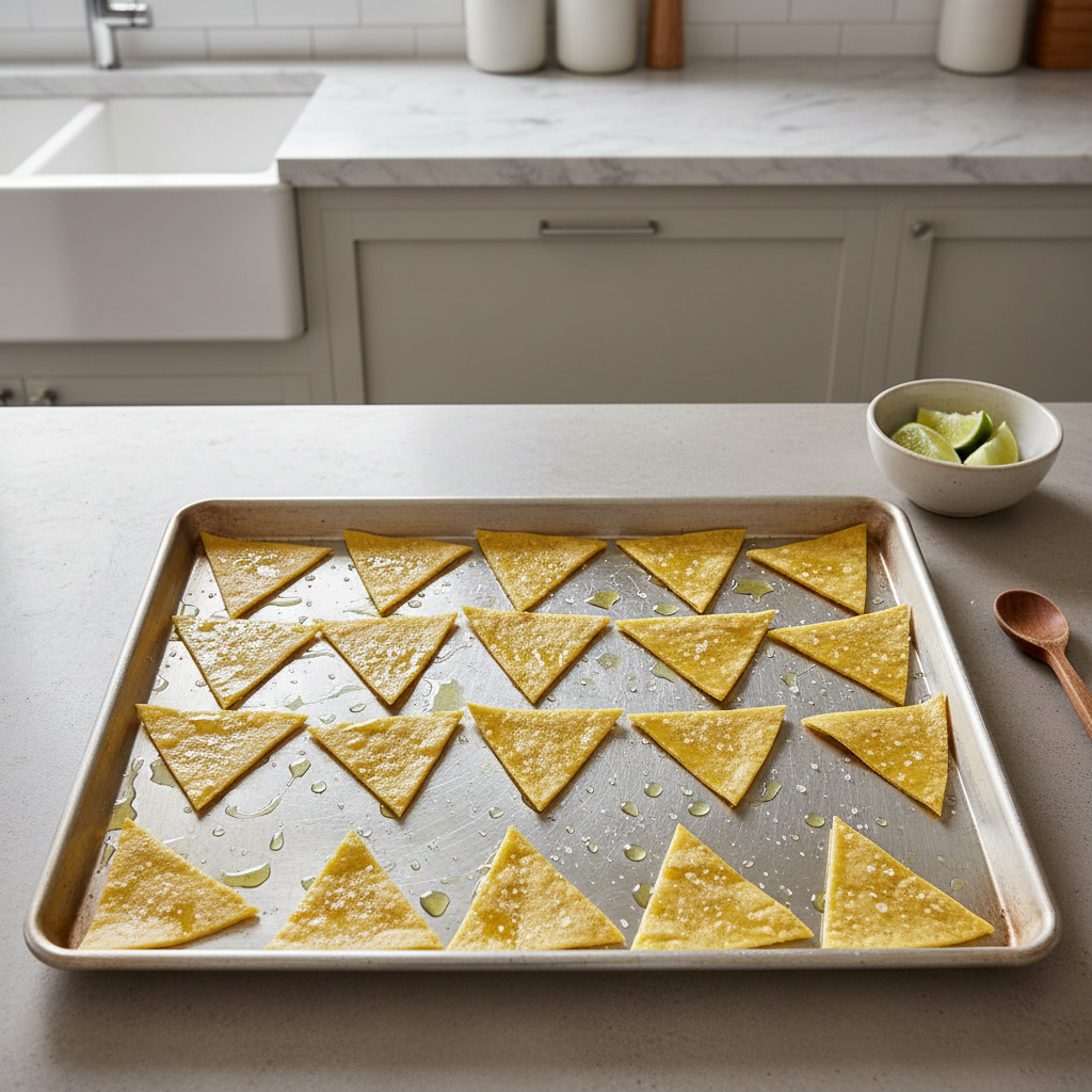 Oven tray of tortilla chips spread in a single layer for even crisping