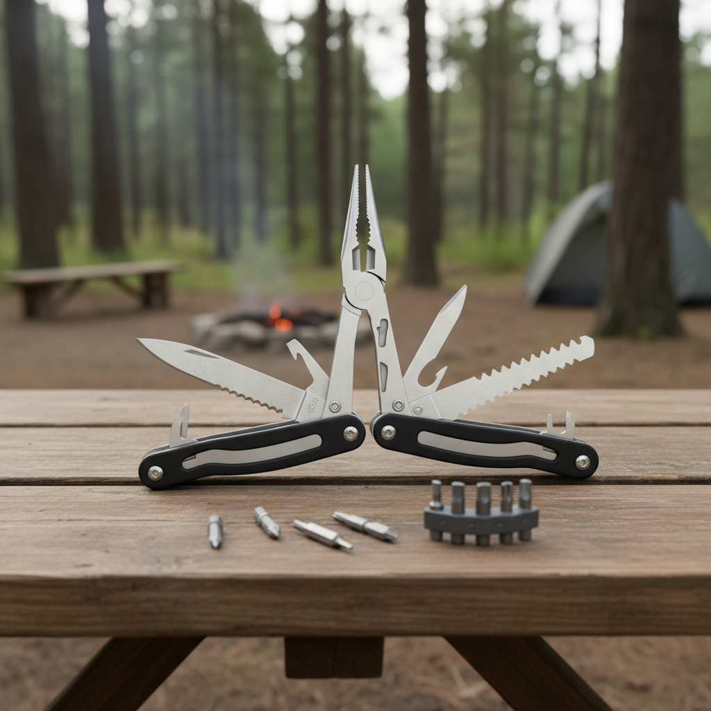 Multi tool essentials for camping and hiking: pliers, knife blade, saw, screwdriver bits