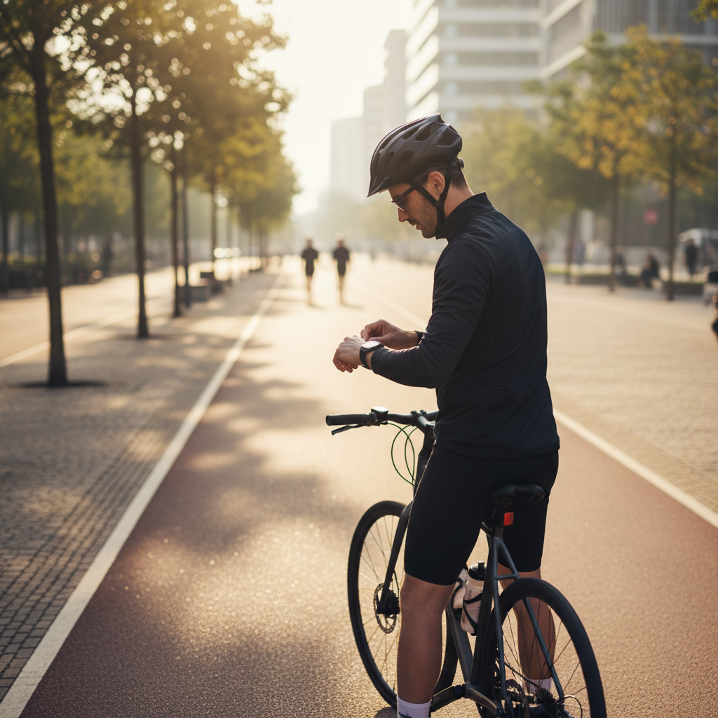 Cyclist checking smartwatch GPS and cycling distance before a ride