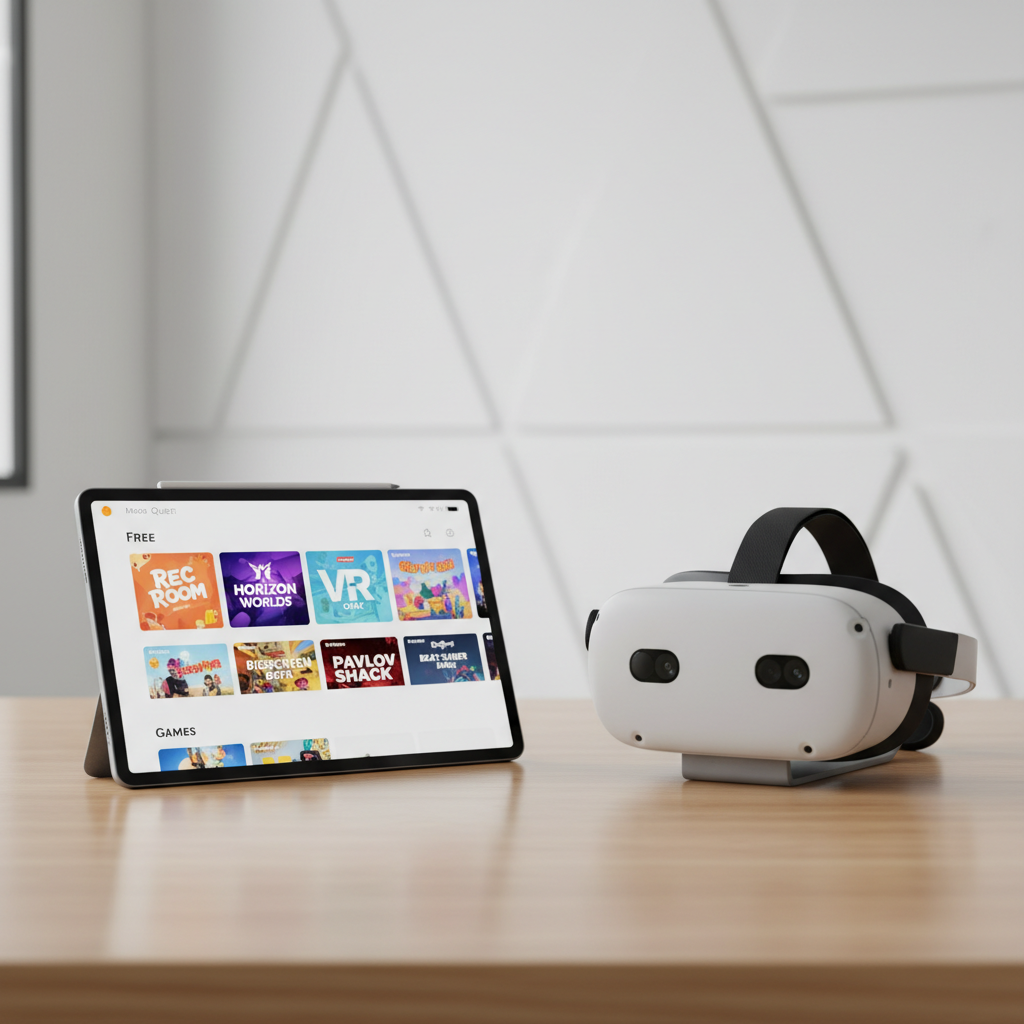 Meta Quest headset with free VR games library on screen